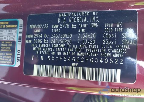 2023 Kia Telluride Sx z USA, uszkodzony, nr VIN 5XYP54GC2PG340522